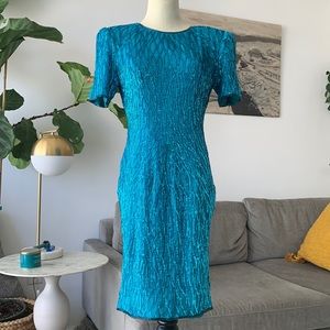 Vintage sequin silk aqua dress M